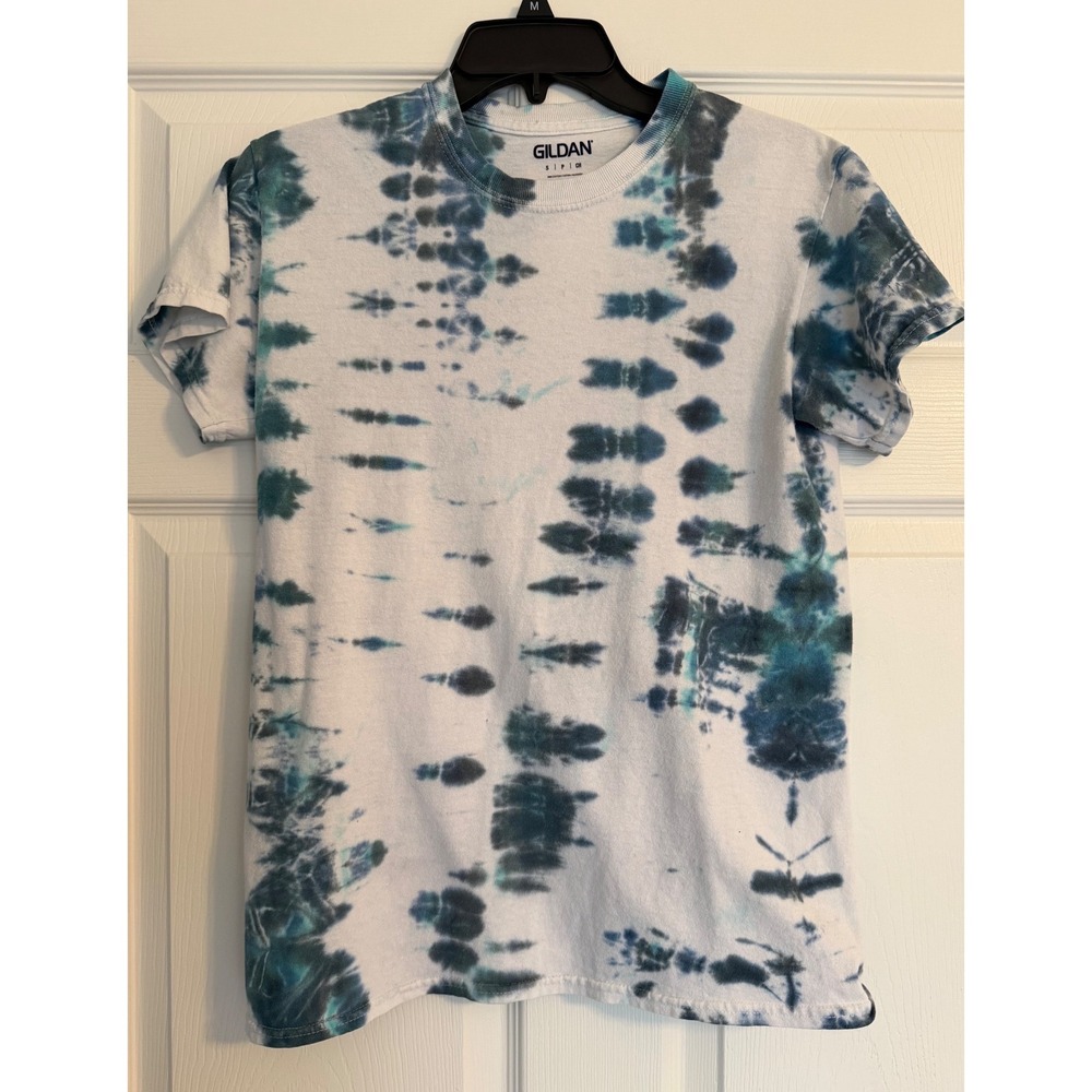 Gildan Blue Tie Dye T-Shirt Mens Small White Teal Abstract Short Sleeve Cotton